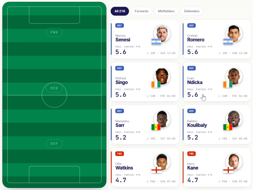 Drafting a forward, a midfielder and a defender in the propSPACE app